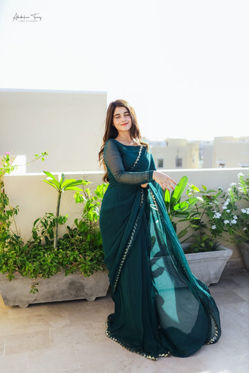 SAAD IBRAHIM | SAREES | SOLID GREEN HAND EMBELLISHED SAREE