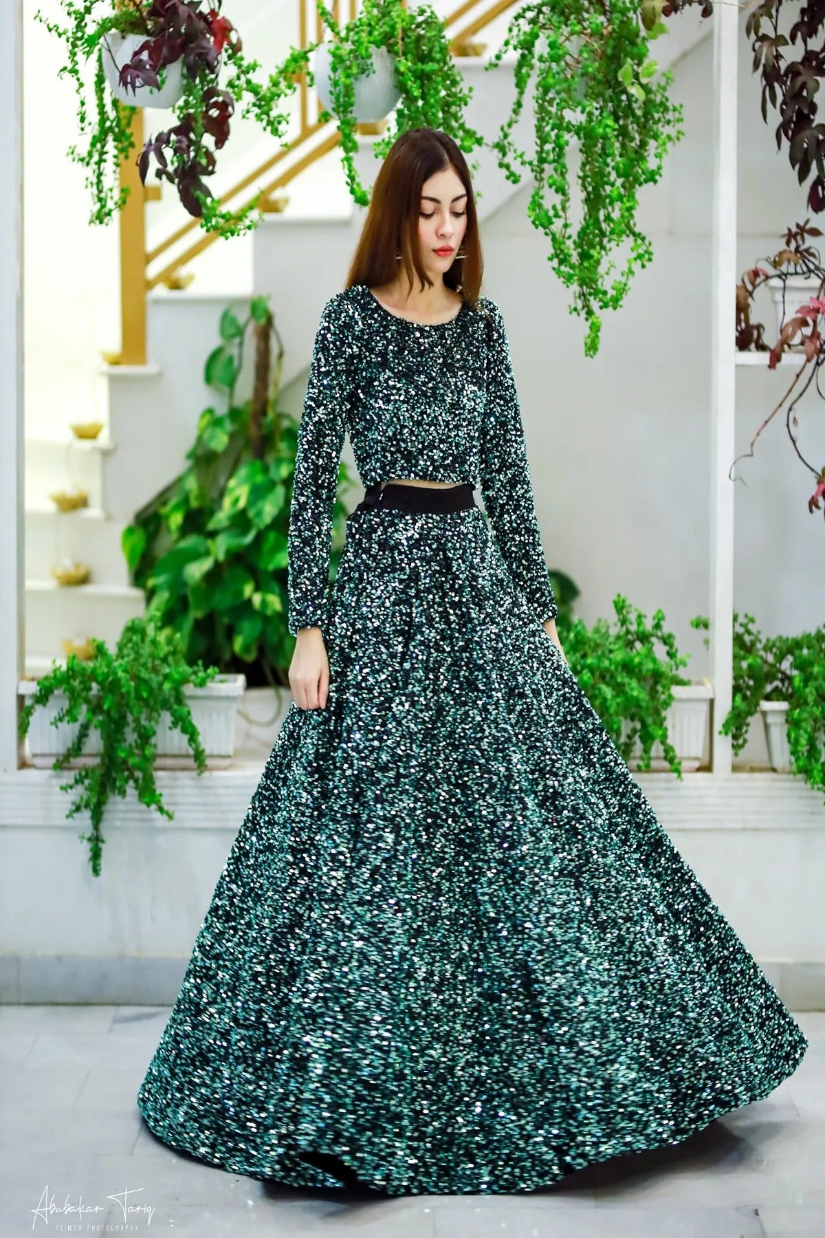 SAAD IBRAHIM | LEHENGA CHOLI | SOLID GREEN MOONLIGHT LEHENGA CHOLI WITH DUPATTA