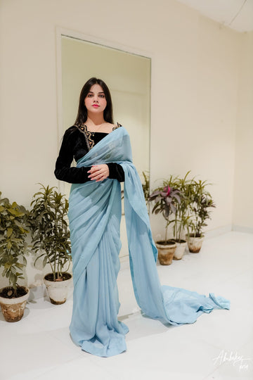 SAAD IBRAHIM | SAREES | SOLID GREY CHIFFON SAREE WITH HAND EMBELLISHED BLOUSE