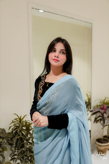 SAAD IBRAHIM | SAREES | SOLID GREY CHIFFON SAREE WITH HAND EMBELLISHED BLOUSE