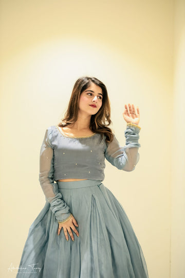 SAAD IBRAHIM | LEHENGA CHOLI | SOLID GREY LONG FLAIR LEHENGA CHOLI SET