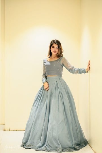 SAAD IBRAHIM | LEHENGA CHOLI | SOLID GREY LONG FLAIR LEHENGA CHOLI SET