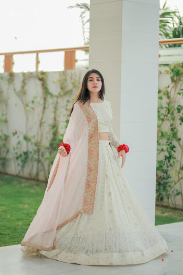 SAAD IBRAHIM | LEHENGA CHOLI | SOLID IVORY CHIKANKARI LONG FLARED LEHENGA CHOLI SET WITH HAND EMBELLISHED DUPATTA