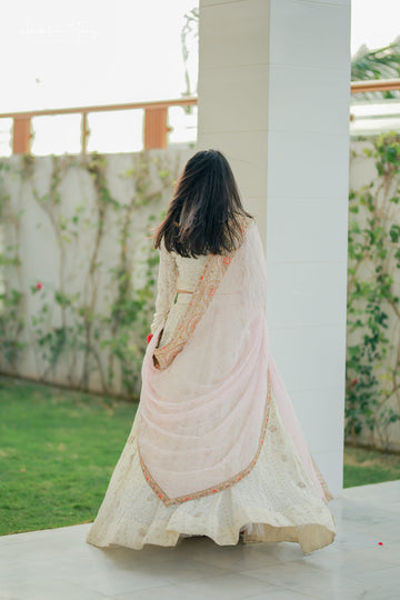 SAAD IBRAHIM | LEHENGA CHOLI | SOLID IVORY CHIKANKARI LONG FLARED LEHENGA CHOLI SET WITH HAND EMBELLISHED DUPATTA