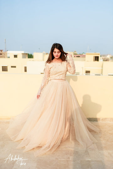 SAAD IBRAHIM | LEHENGA CHOLI | SOLID IVORY LONG FLAIR NETTED TULLE LEHENGA CHOLI