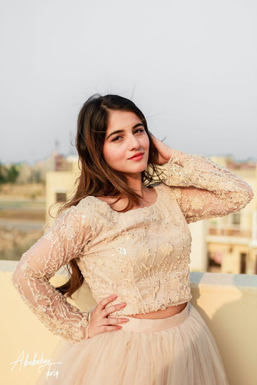 SAAD IBRAHIM | LEHENGA CHOLI | SOLID IVORY LONG FLAIR NETTED TULLE LEHENGA CHOLI