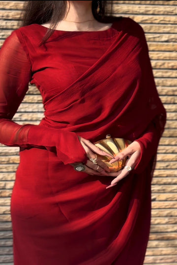 SAAD IBRAHIM | SAREES | SOLID MAROON CHIFFON SAREE