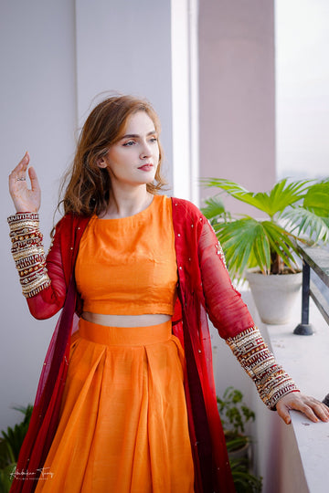 SAAD IBRAHIM | LEHENGA CHOLI | SOLID MAROON COAT WITH MUSTARD LEHENGA CHOLI