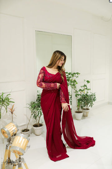 SAAD IBRAHIM | SAREES | SOLID MAROON EMBELLISHED SAREE
