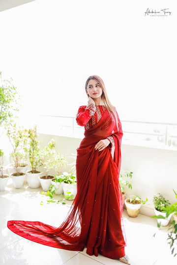 SAAD IBRAHIM | SAREES | SOLID MAROON HAND EMBELLISHED SAREE