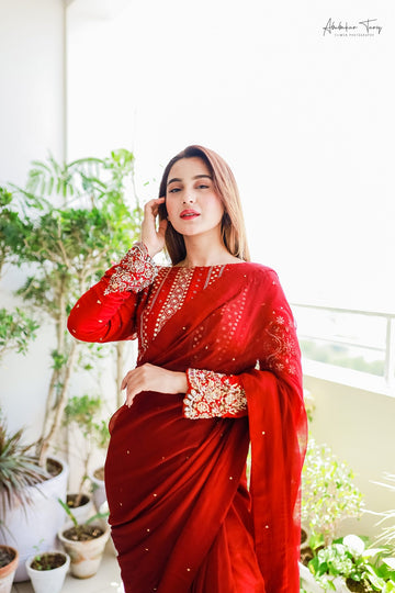 SAAD IBRAHIM | SAREES | SOLID MAROON HAND EMBELLISHED SAREE