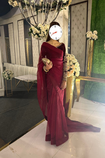 SAAD IBRAHIM | SAREES | SOLID MAROON HAND EMBELLISHED VELVET BLOUSE SAREE