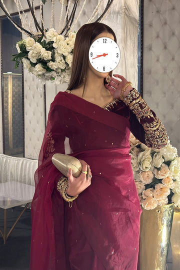 SAAD IBRAHIM | SAREES | SOLID MAROON HAND EMBELLISHED VELVET BLOUSE SAREE