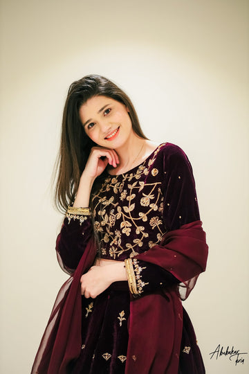 SAAD IBRAHIM | LEHENGA CHOLI | SOLID MAROON LEHENGA CHOLI SET WITH DUPATTA