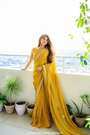 SAAD IBRAHIM | SAREES | SOLID MUSTARD CHIFFON EMROIDERED SAREE