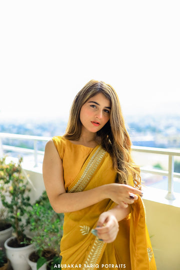 SAAD IBRAHIM | SAREES | SOLID MUSTARD CHIFFON EMROIDERED SAREE