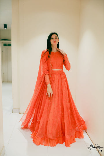 SAAD IBRAHIM | LEHENGA CHOLI | SOLID ORANGE HAND EMBELLISHED LEHENGA CHOLI WITH FRILL