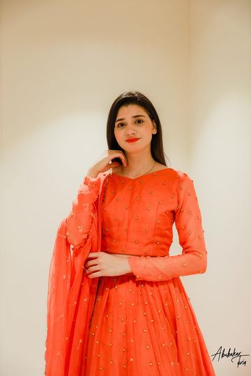 SAAD IBRAHIM | LEHENGA CHOLI | SOLID ORANGE HAND EMBELLISHED LEHENGA CHOLI WITH FRILL