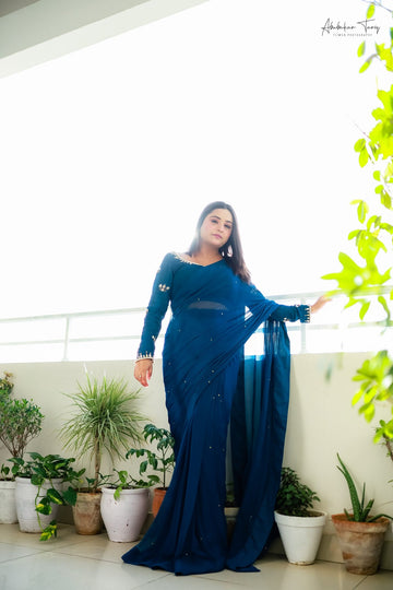 SAAD IBRAHIM | SAREES | SOLID PEACOCK HAND EMBELLISHED SAREE