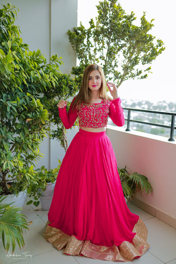 SAAD IBRAHIM | LEHENGA CHOLI | SOLID PINK HAND EMBELLISHED LEHENGA CHOLI SET WITH DUPATTA