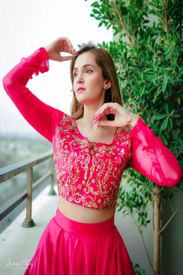 SAAD IBRAHIM | LEHENGA CHOLI | SOLID PINK HAND EMBELLISHED LEHENGA CHOLI SET WITH DUPATTA