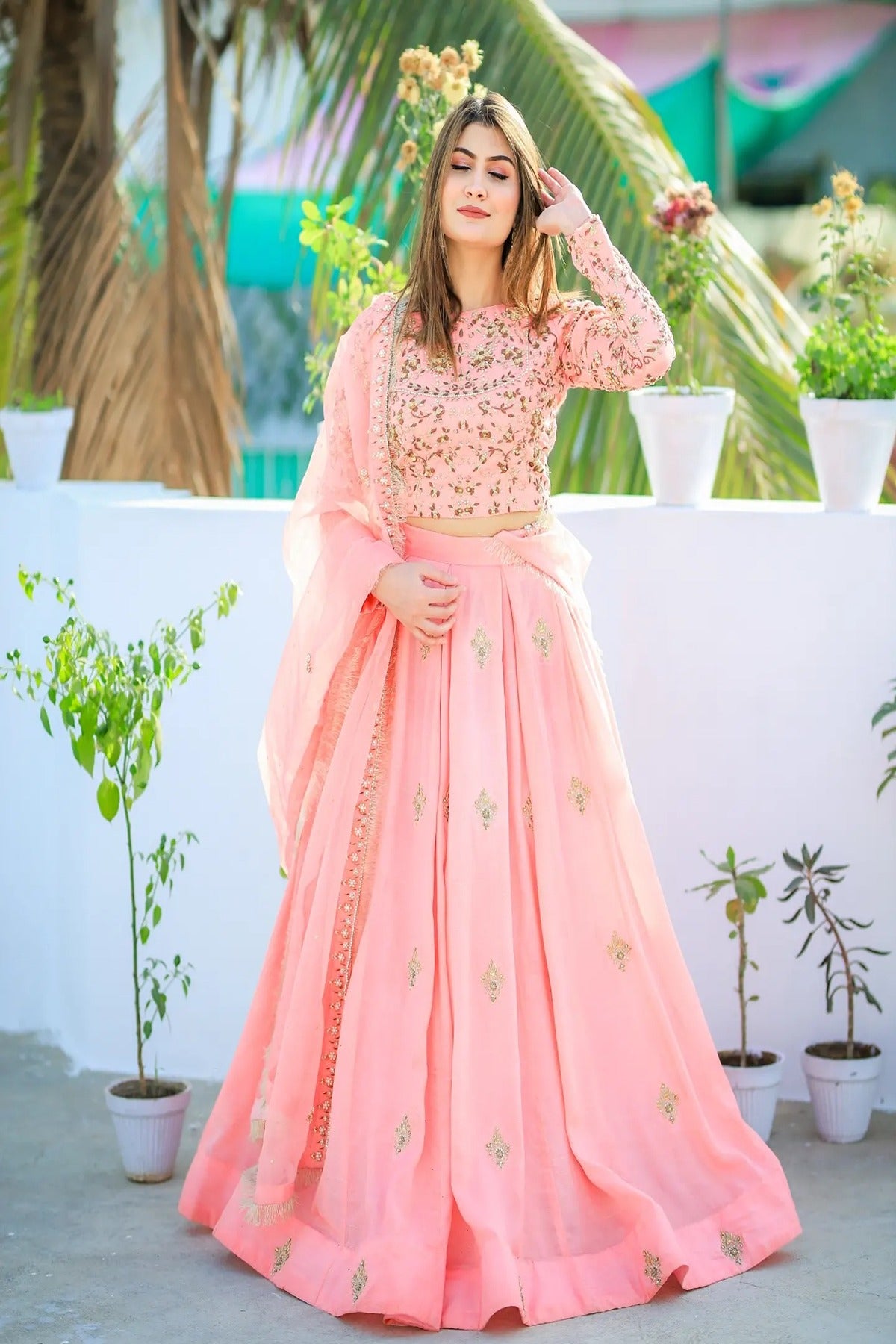 SAAD IBRAHIM | LEHENGA CHOLI | SOLID PINK HAND EMBELLISHED LONG FLARED LEHENGA CHOLI SET