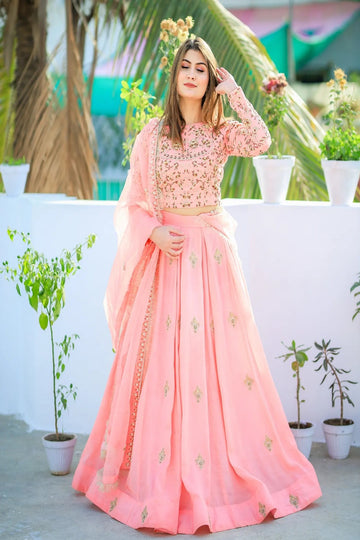SAAD IBRAHIM | LEHENGA CHOLI | SOLID PINK HAND EMBELLISHED LONG FLARED LEHENGA CHOLI SET