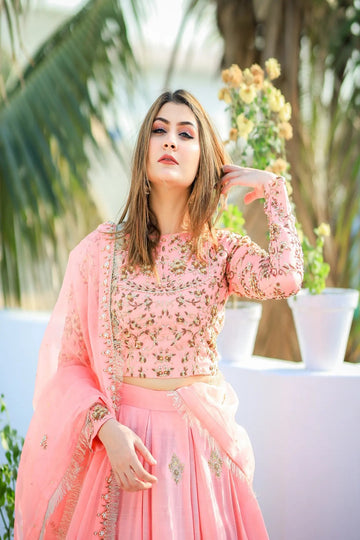 SAAD IBRAHIM | LEHENGA CHOLI | SOLID PINK HAND EMBELLISHED LONG FLARED LEHENGA CHOLI SET