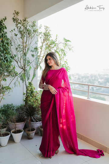 SAAD IBRAHIM | SAREES | SOLID PINK HAND EMBELLISHED SAREE