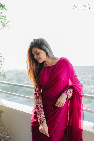 SAAD IBRAHIM | SAREES | SOLID PINK HAND EMBELLISHED SAREE