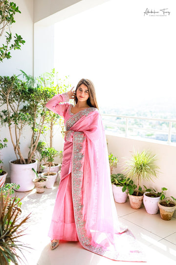 SAAD IBRAHIM | SAREES | SOLID PINK HAND EMBELLISHED SAREE