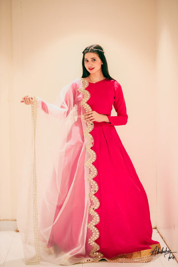 SAAD IBRAHIM | LEHENGA CHOLI | SOLID PINK LEHENGA CHOLI WITH WHITE MIRORR WORK DUPATTA