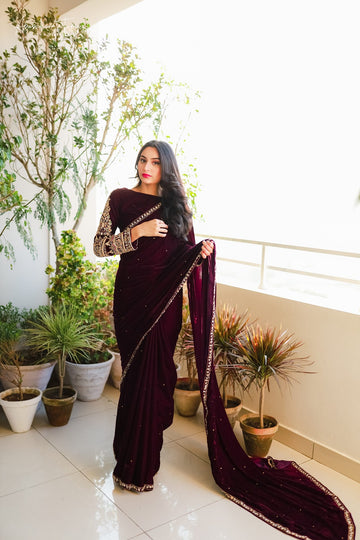 SAAD IBRAHIM | SAREES | SOLID PLUM VELVET SAREE