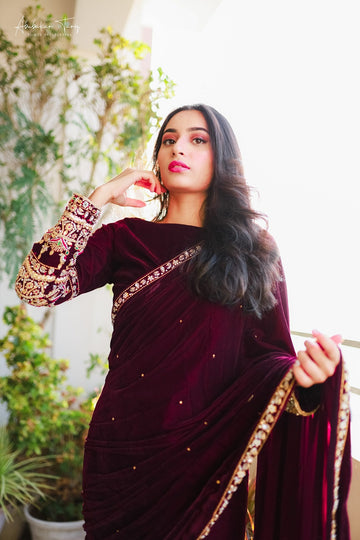 SAAD IBRAHIM | SAREES | SOLID PLUM VELVET SAREE