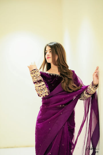 SAAD IBRAHIM | SAREES | SOLID PURPLE VELVET BLOUSE SAREE
