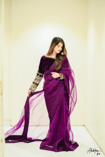 SAAD IBRAHIM | SAREES | SOLID PURPLE VELVET BLOUSE SAREE