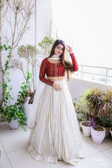SAAD IBRAHIM | LEHENGA CHOLI | SOLID RED AND WHITE CHIKANKARI LEHENGA CHOLI WITH DUPATTA