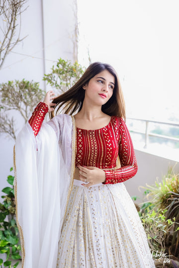 SAAD IBRAHIM | LEHENGA CHOLI | SOLID RED AND WHITE CHIKANKARI LEHENGA CHOLI WITH DUPATTA