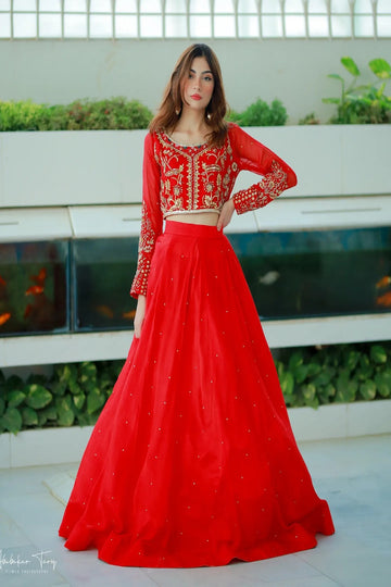 SAAD IBRAHIM | LEHENGA CHOLI | SOLID RED EMBELLISHED LEHENGA CHOLI SET | 2PC