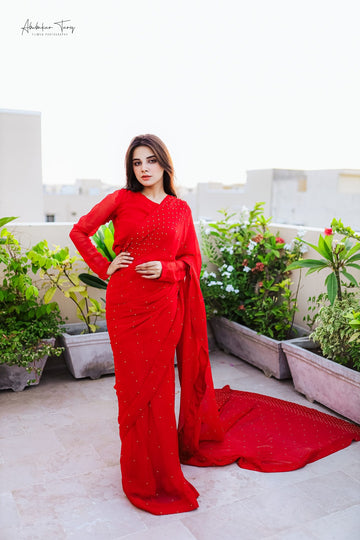 SAAD IBRAHIM | SAREES | SOLID RED HAND EMBELLISHED SAREE