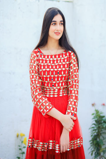 SAAD IBRAHIM | LEHENGA CHOLI | SOLID RED MIRROR EMBELLISHED LONG FLARED LEHENGA CHOLI SET