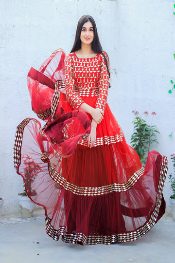 SAAD IBRAHIM | LEHENGA CHOLI | SOLID RED MIRROR EMBELLISHED LONG FLARED LEHENGA CHOLI SET