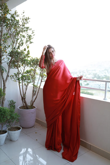 SAAD IBRAHIM | SAREES | SOLID RED SILK SAREE WITH CHIKANKARI BLOUSE