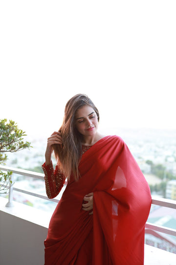 SAAD IBRAHIM | SAREES | SOLID RED SILK SAREE WITH CHIKANKARI BLOUSE