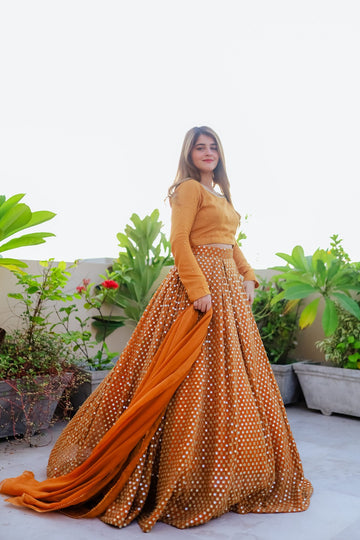 SAAD IBRAHIM | LEHENGA CHOLI | SOLID RUST MIRROR EMBELLISHED LEHENGA CHOLI SET WITH DUPATTA