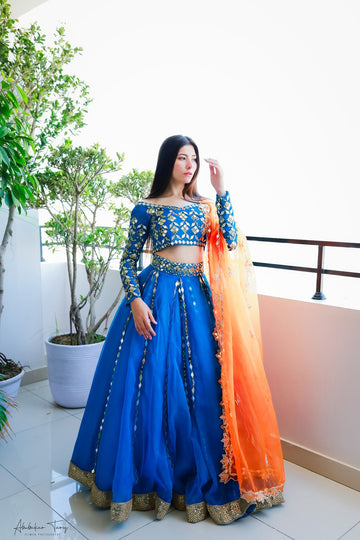SAAD IBRAHIM | LEHENGA CHOLI | SOLID TEAL BLUE MIRROR EMBELLISHED LEHENGA CHOLI SET WITH DUPATTA