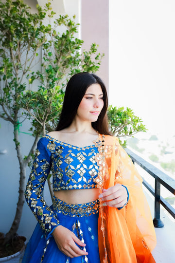 SAAD IBRAHIM | LEHENGA CHOLI | SOLID TEAL BLUE MIRROR EMBELLISHED LEHENGA CHOLI SET WITH DUPATTA