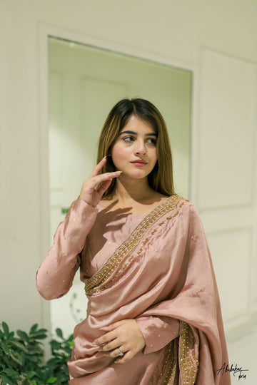 SAAD IBRAHIM | SAREES | SOLID TEA PINK HAND EMBELLISHED SAREE