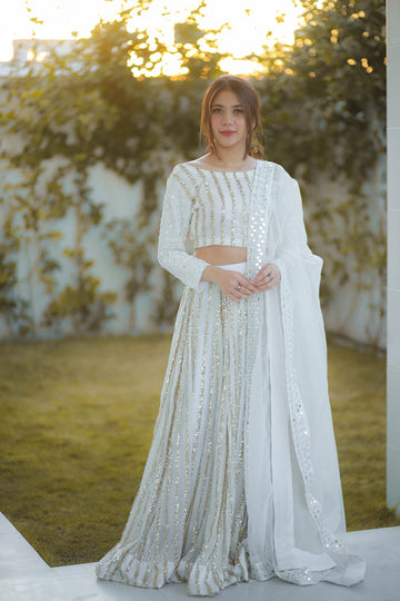 SAAD IBRAHIM | LEHENGA CHOLI | SOLID WHITE CHIFFON LONG FLARED LEHENGA CHOLI SET WITH DUPATTA