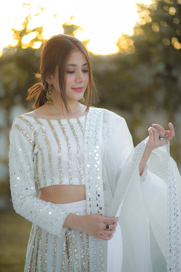 SAAD IBRAHIM | LEHENGA CHOLI | SOLID WHITE CHIFFON LONG FLARED LEHENGA CHOLI SET WITH DUPATTA